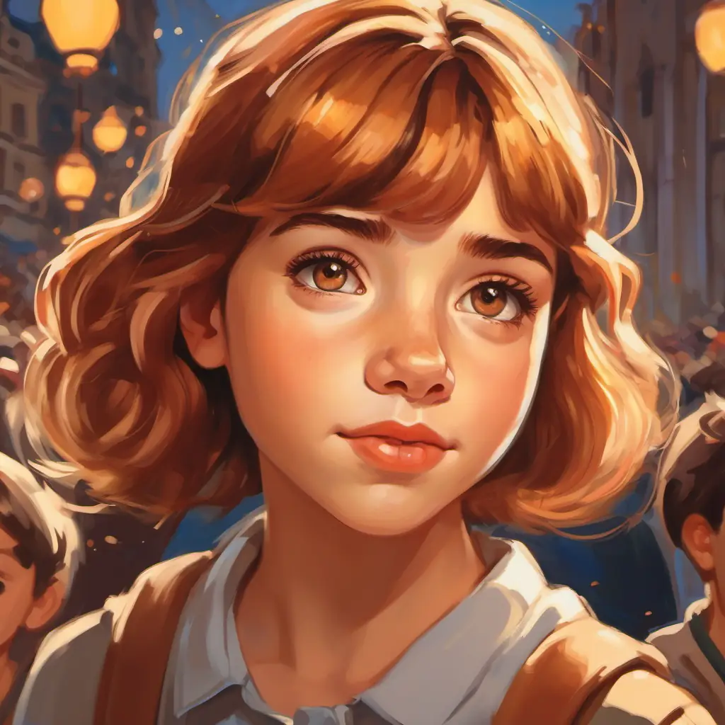 Illustration of Intelligent, young girl with hazel eyes and caramel-colored hair surrounded by people who appreciate her honesty