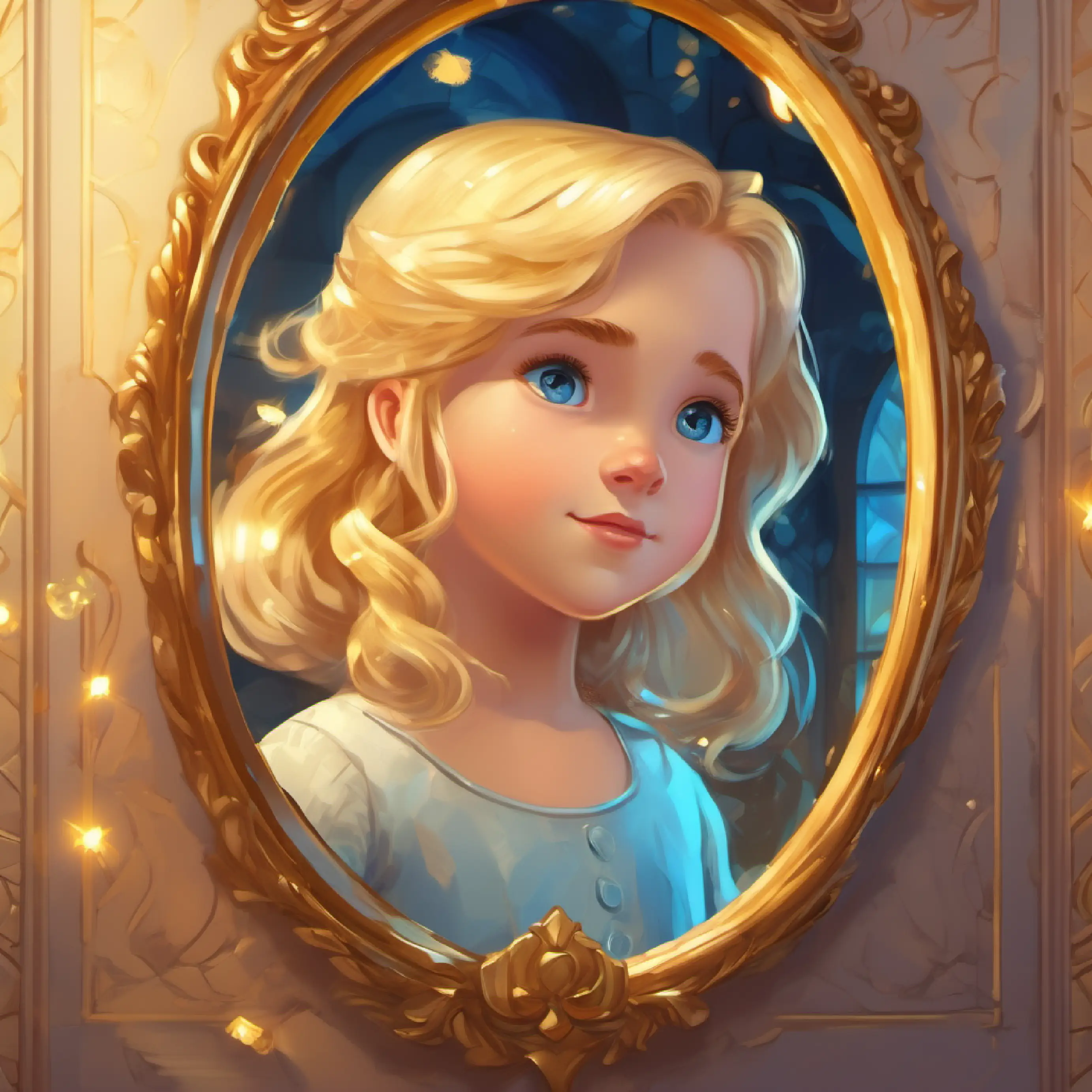 Introducing magical mirror characters A shiny mirror with a small crack, reflects Sam's past and A sparkling mirror with a small crack, reflects A girl with golden locks and twinkling blue eyes's past, with initial problem.