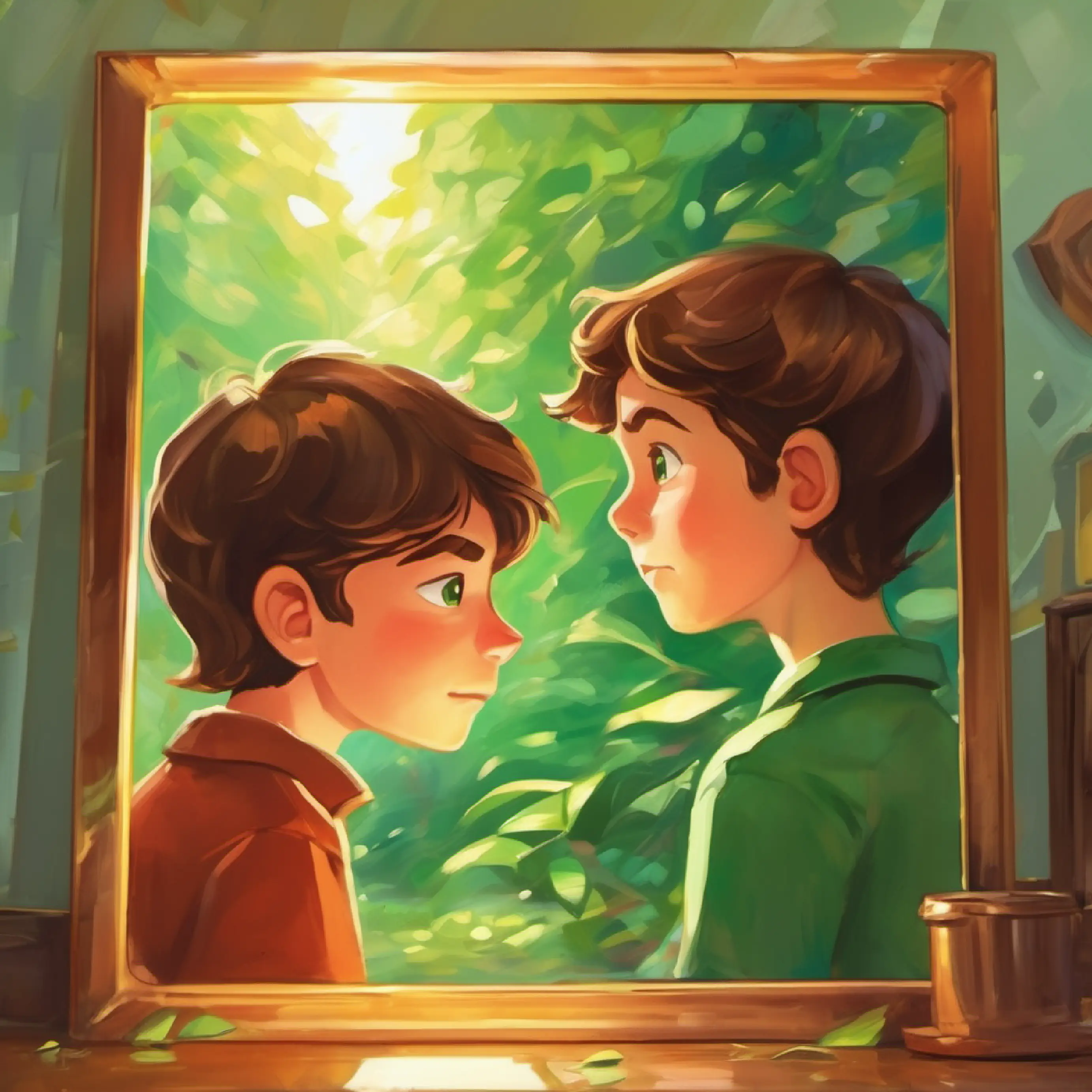 A shiny mirror with a small crack, reflects Sam's past reflects A boy with brown hair and curious green eyes's childhood memories, both happy and sad.