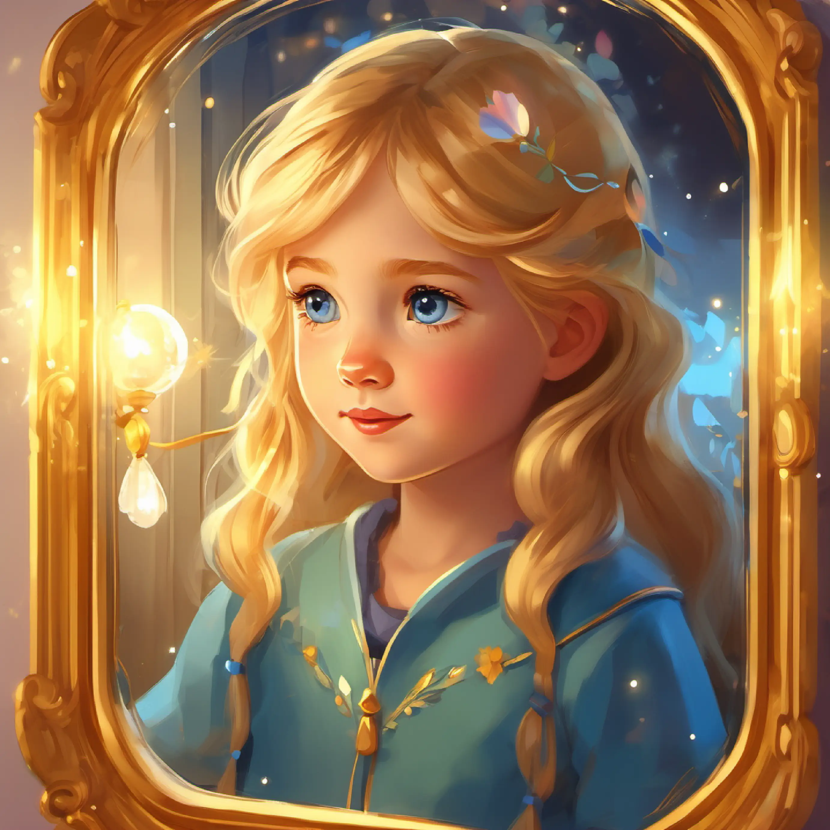 A sparkling mirror with a small crack, reflects A girl with golden locks and twinkling blue eyes's past reflects A girl with golden locks and twinkling blue eyes's childhood, joyful moments and times of loneliness.