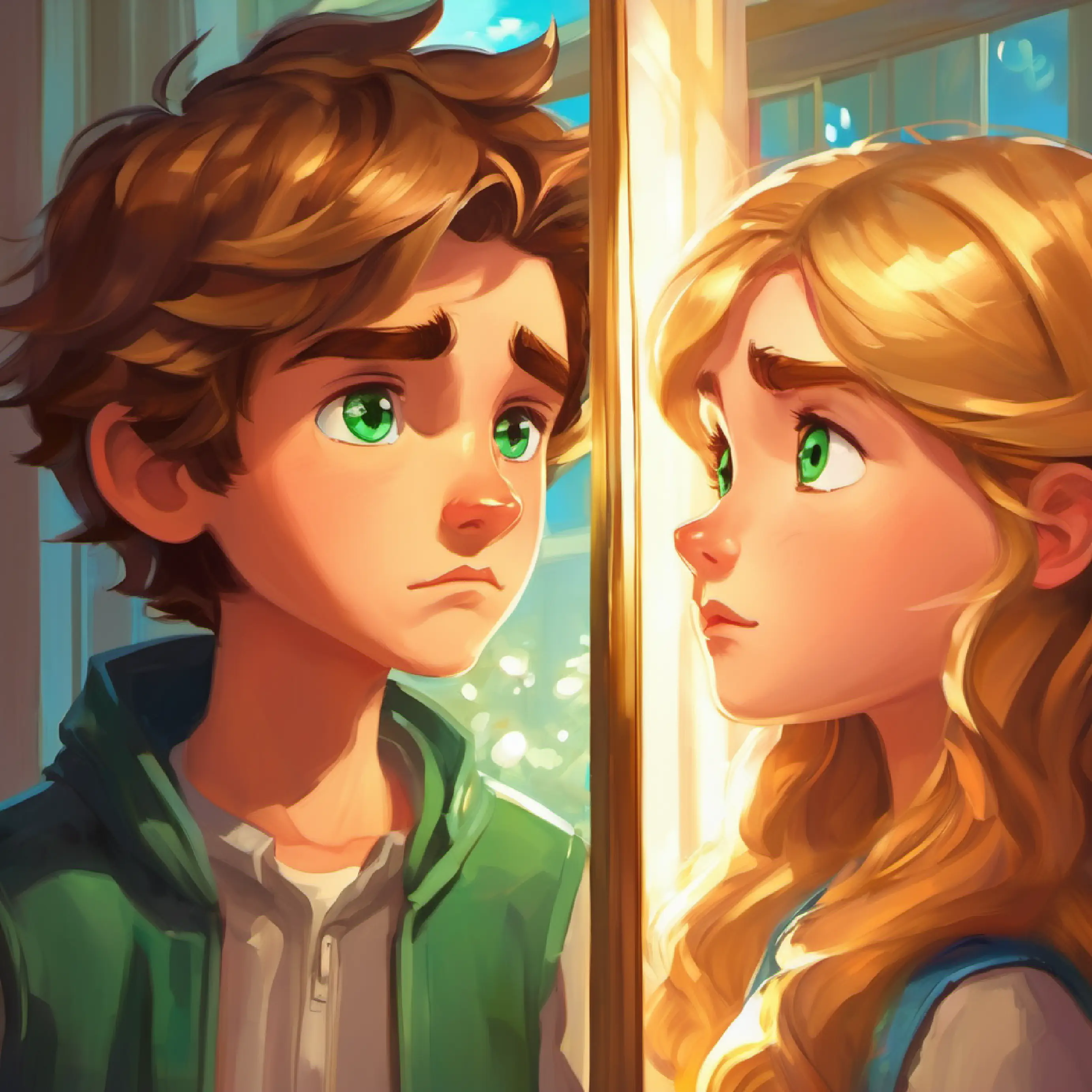 A boy with brown hair and curious green eyes and A girl with golden locks and twinkling blue eyes discover the crack in their mirrors and realize their grumpiness.