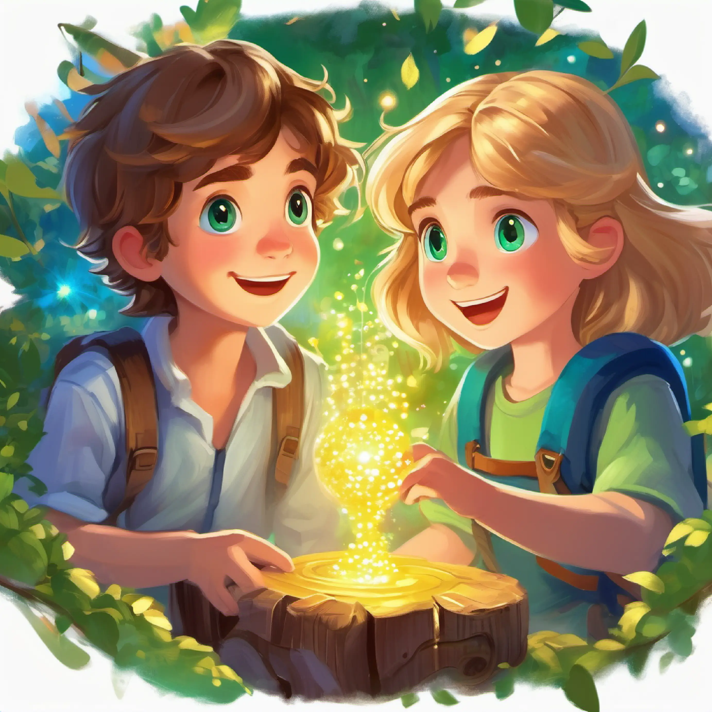 A boy with brown hair and curious green eyes and A girl with golden locks and twinkling blue eyes embark on a quest for magical glue, sharing joy and stories.