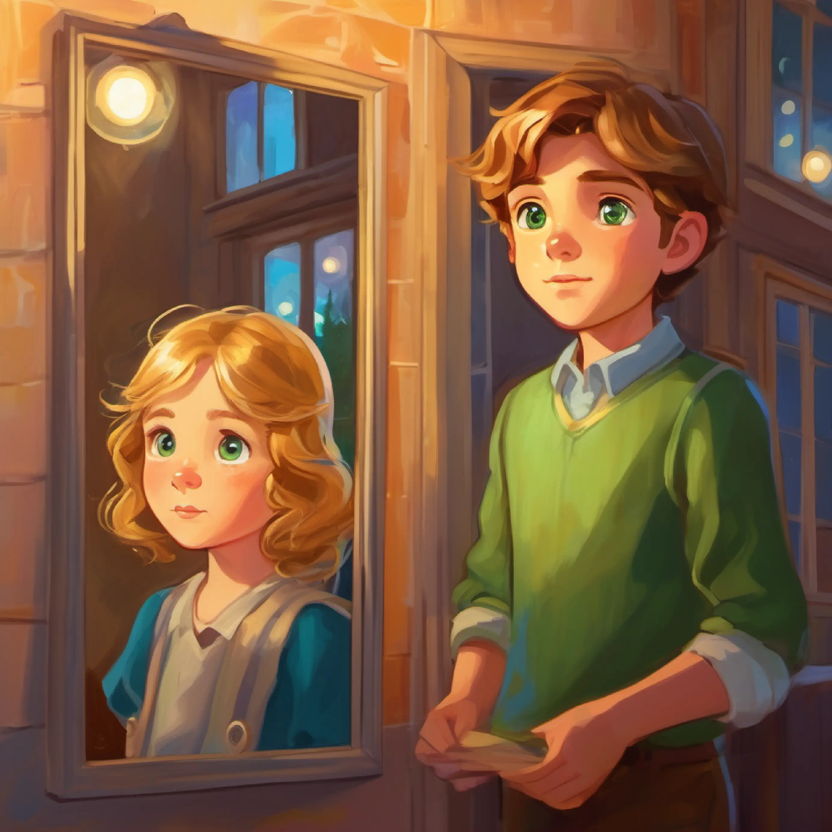 Resolution with repaired mirrors, and A boy with brown hair and curious green eyes and A girl with golden locks and twinkling blue eyes's commitment to communication.