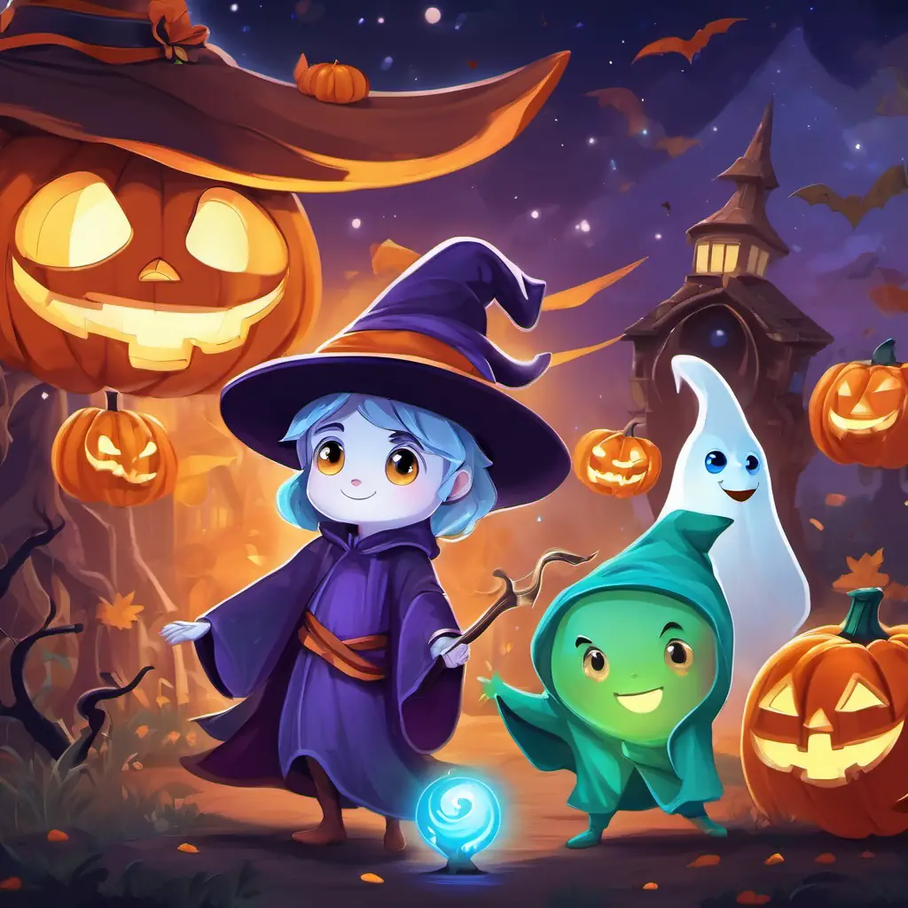 Addy is a wizard with a pointy blue hat and sparkly green eyes and Subby is a sorcerer with a round purple hat and twinkling orange eyes meet Freddy is a friendly ghost with a white translucent body and kind blue eyes, who teaches them about fractions.