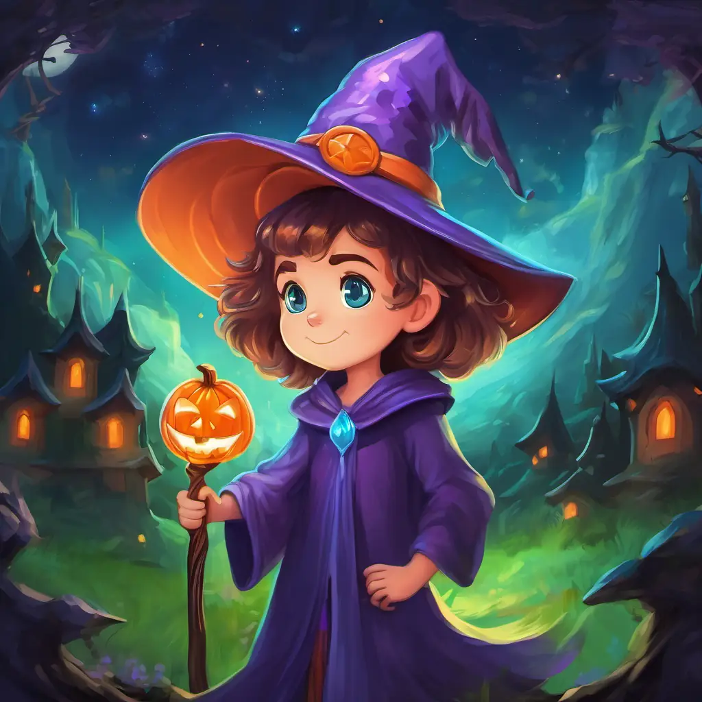 Addy is a wizard with a pointy blue hat and sparkly green eyes and Subby is a sorcerer with a round purple hat and twinkling orange eyes return home and reflect on their adventure.