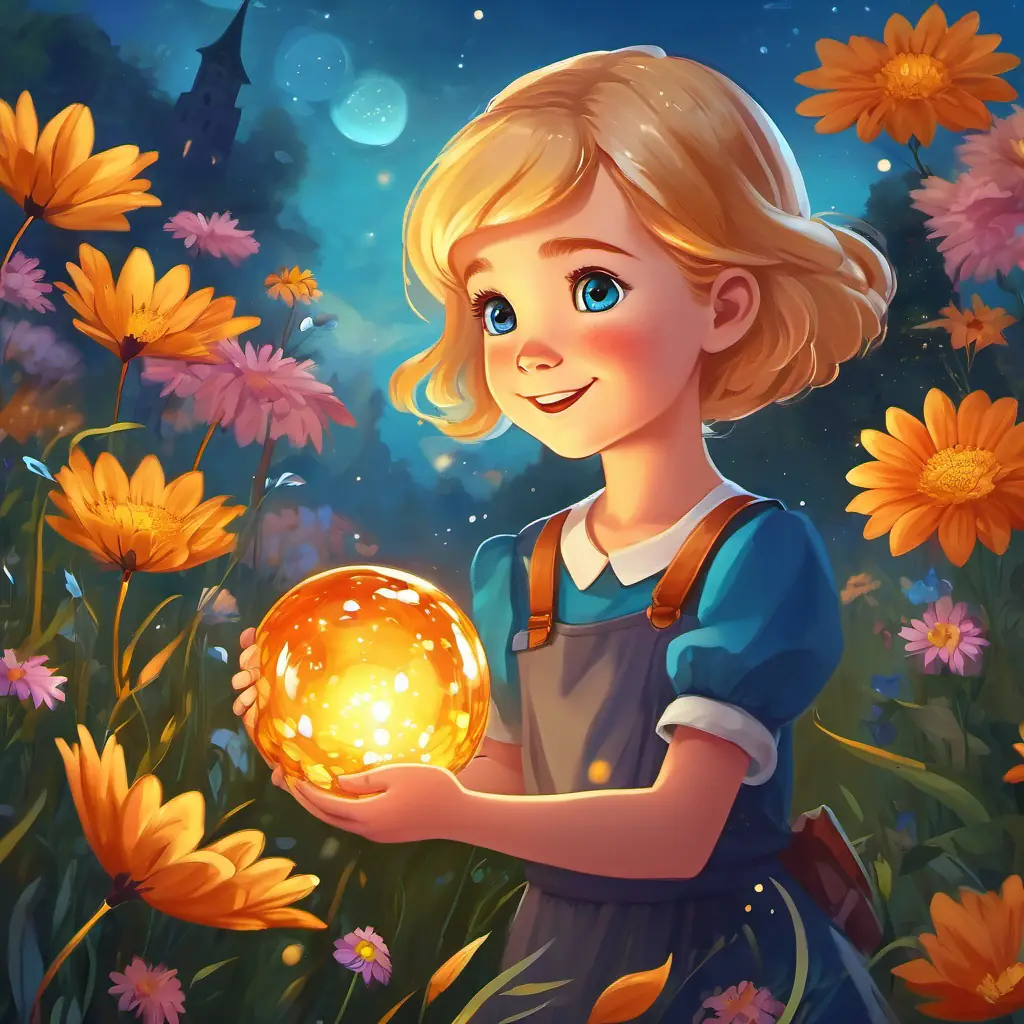 Lily - a joyful little girl with golden hair and sparkling blue eyes standing in a meadow with colorful flowers, holding a glowing stone
