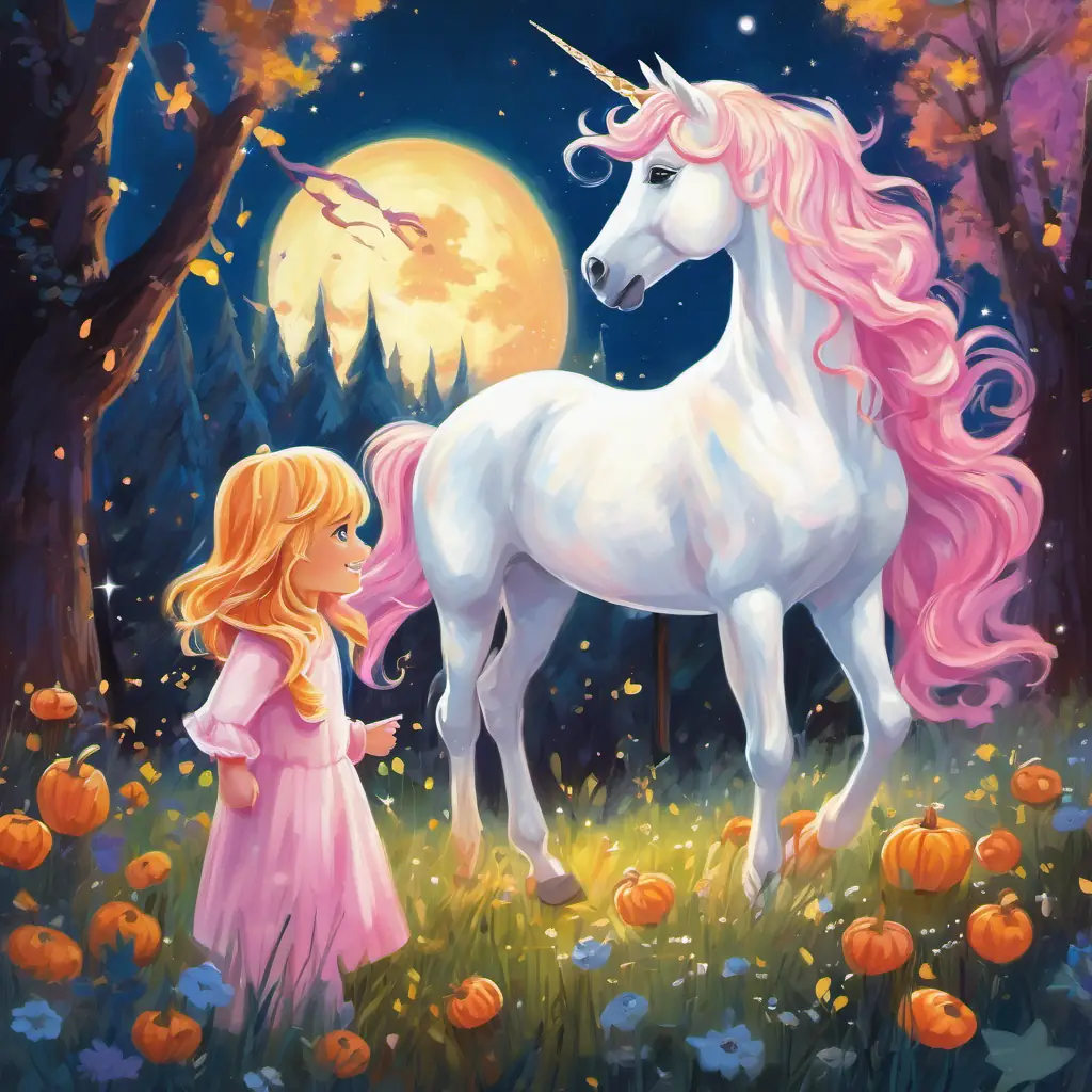 Sparkle - a majestic unicorn with a white coat and a pink mane, the magical unicorn, talking to Lily - a joyful little girl with golden hair and sparkling blue eyes in a meadow surrounded by trees