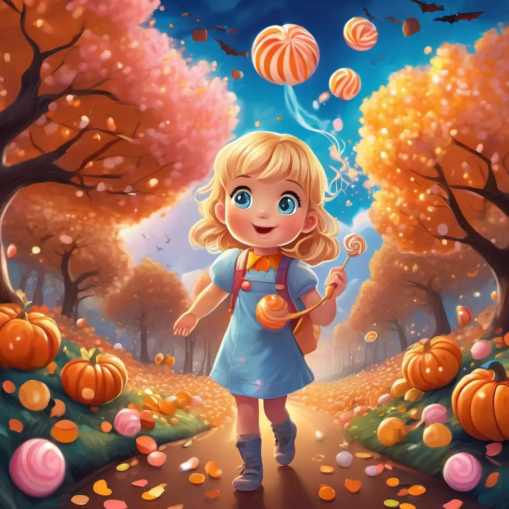 Lily - a joyful little girl with golden hair and sparkling blue eyes surrounded by candy trees and a chocolate river, with cotton candy clouds in the sky