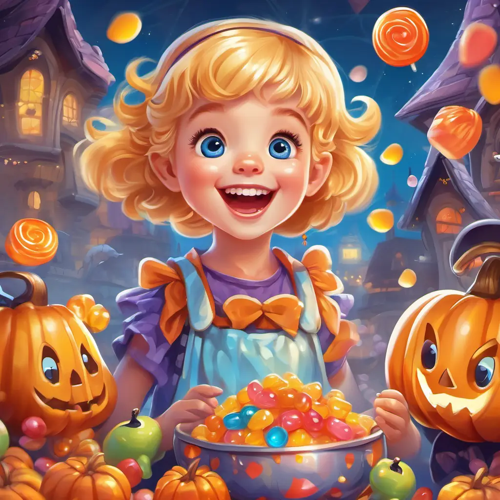 Lily - a joyful little girl with golden hair and sparkling blue eyes laughing with marshmallows and gummy bears in a candy-filled land