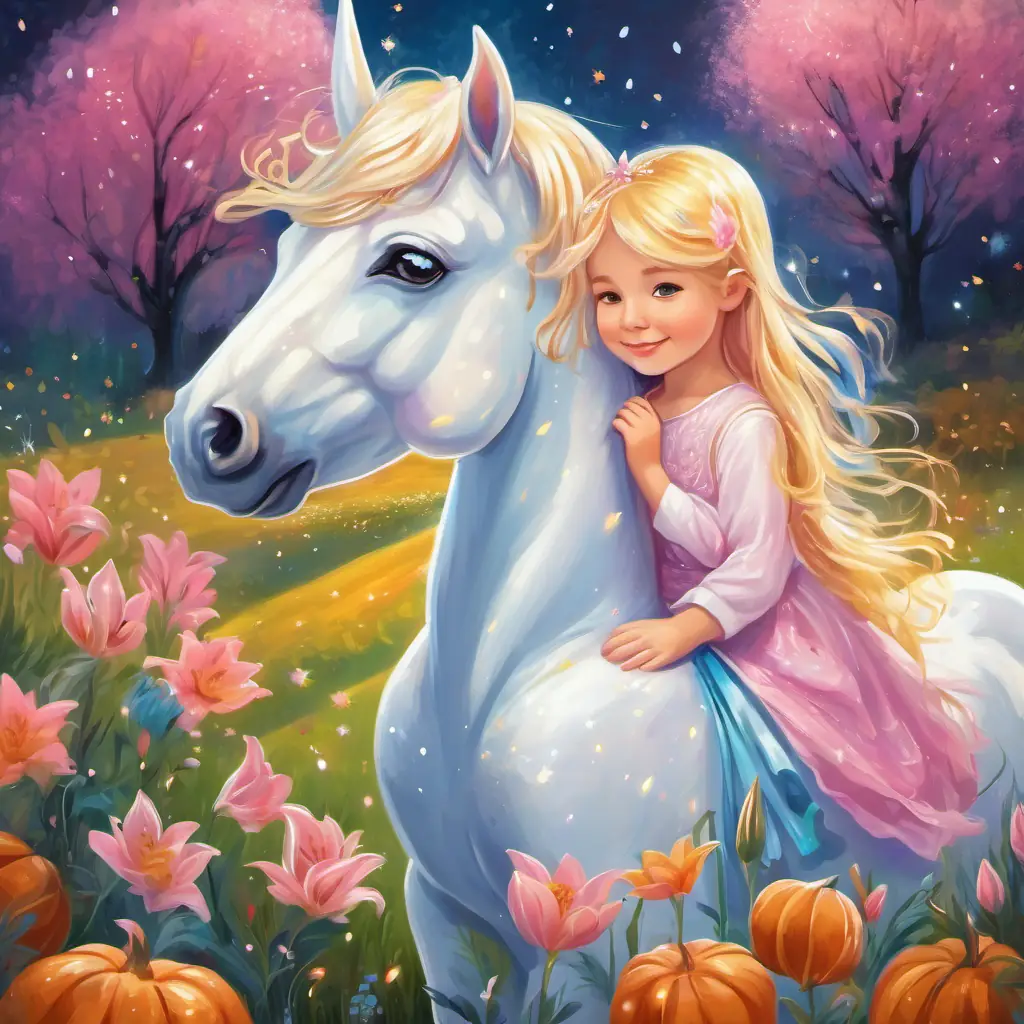 Sparkle - a majestic unicorn with a white coat and a pink mane the unicorn and Lily - a joyful little girl with golden hair and sparkling blue eyes hugging, with the meadow in the background