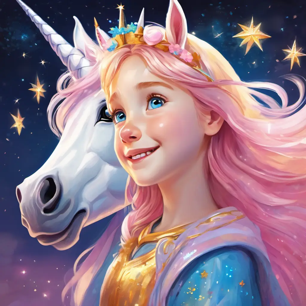 Lily - a joyful little girl with golden hair and sparkling blue eyes and Sparkle - a majestic unicorn with a white coat and a pink mane walking together, with their hands held high
