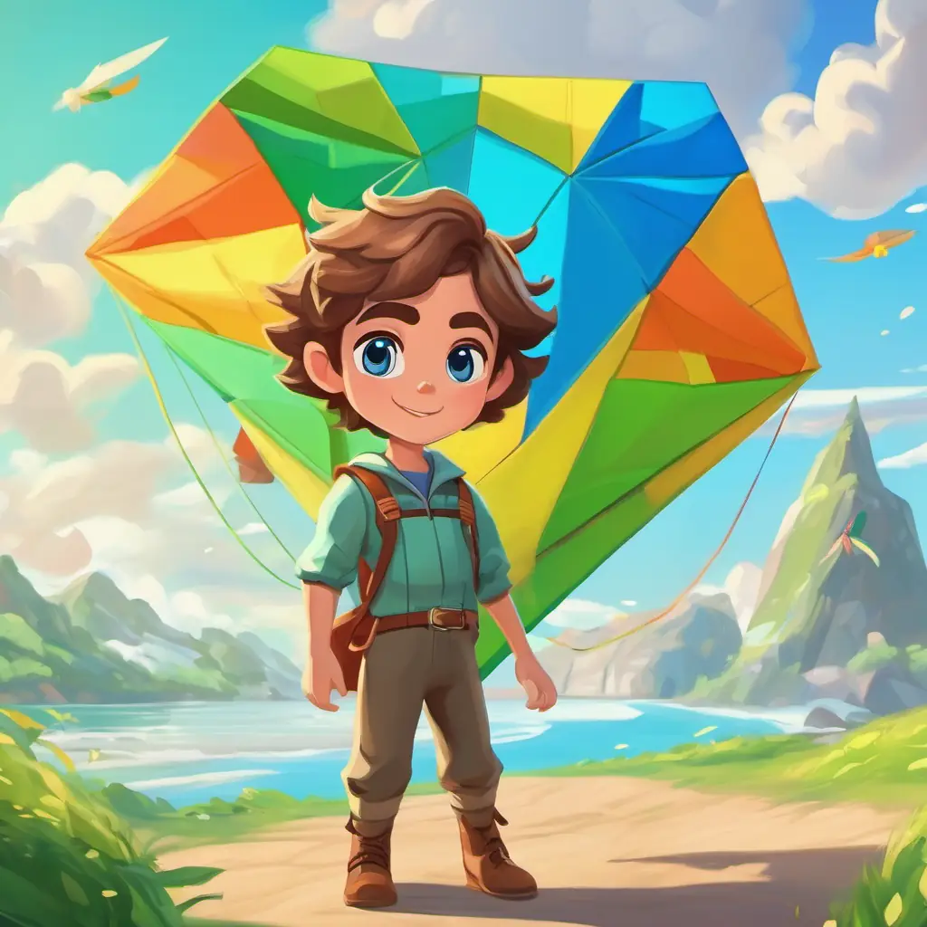 Introducing Breezy Bluff and the kite festival, with Medium height, brown hair, blue eyes, determined expression and Short, blond hair, green eyes, curious and energetic.