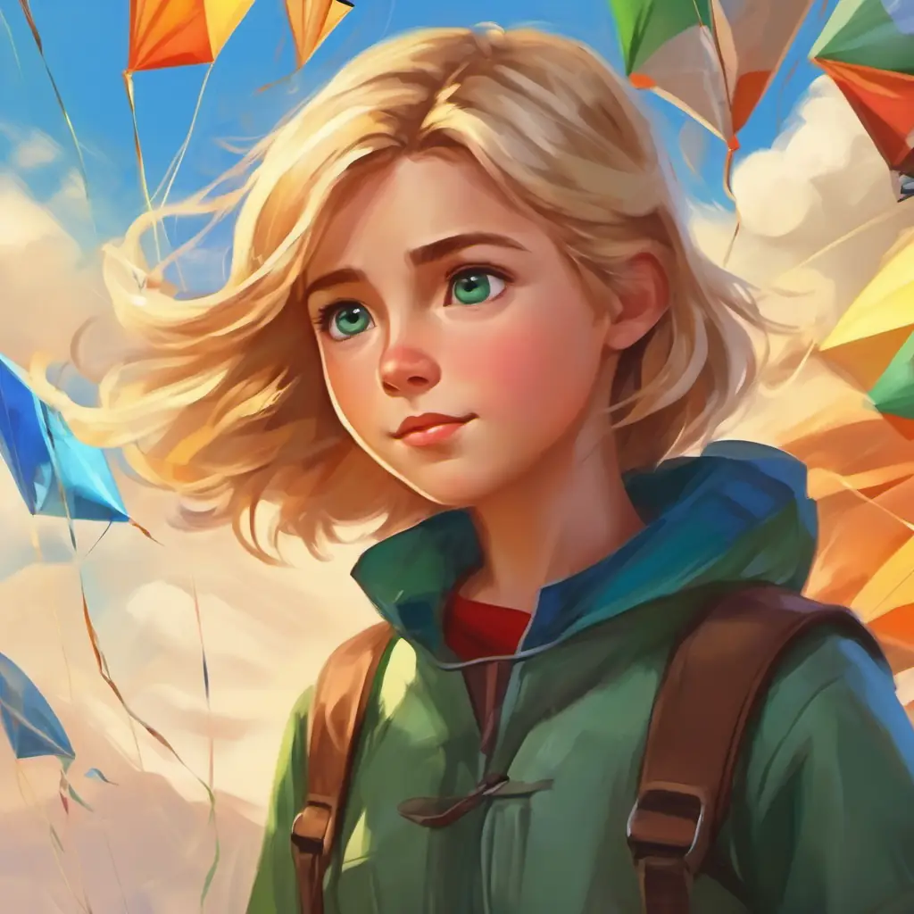 Short, blond hair, green eyes, curious and energetic and Medium height, brown hair, blue eyes, determined expression admire the kites, intending to fly their own.