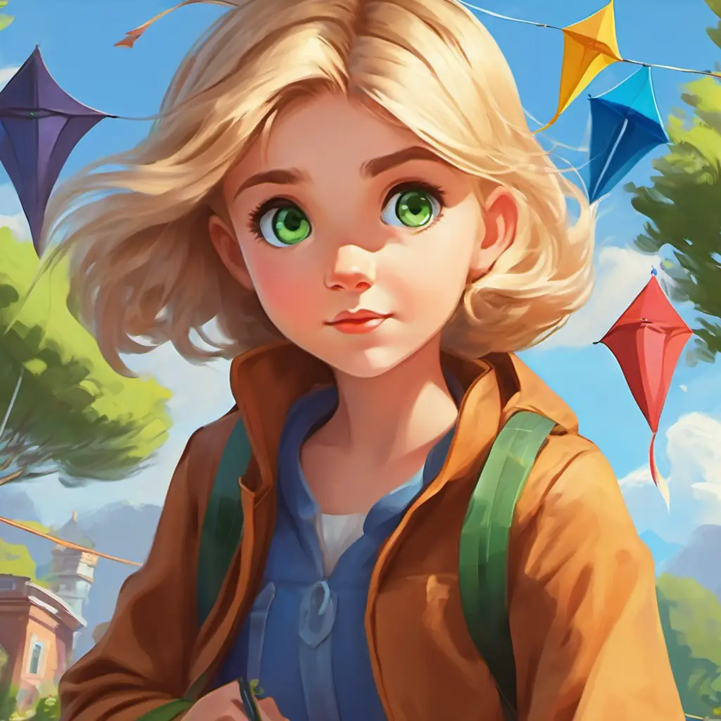 Short, blond hair, green eyes, curious and energetic and Medium height, brown hair, blue eyes, determined expression work together to get their kite flying.