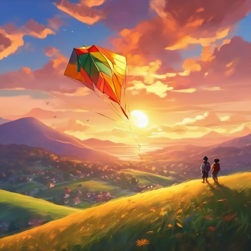 The kite glows in the sunset, creating a magical scene.