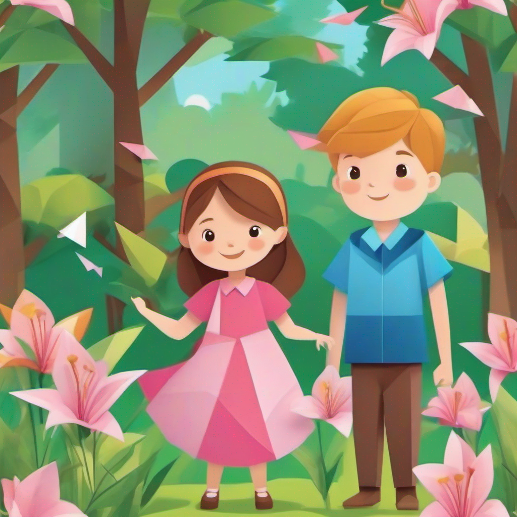 Lily, a girl with brown hair and a pink dress. and Max, a boy with blond hair and a blue shirt. playing in a sunny park with trees and flowers.