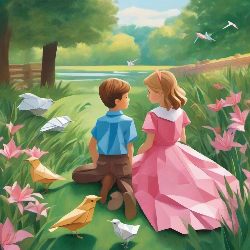 Lily, a girl with brown hair and a pink dress. and Max, a boy with blond hair and a blue shirt. listening to birds in a park.