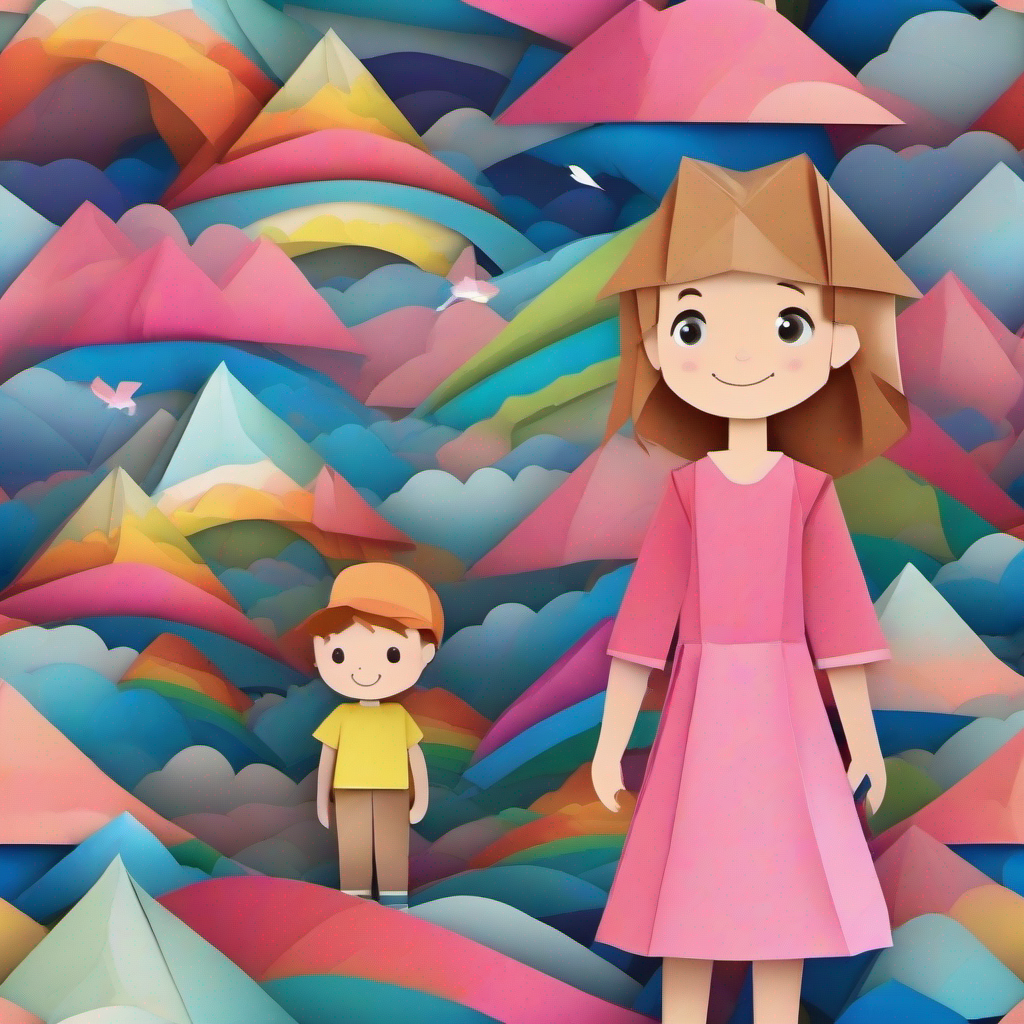 Lily, a girl with brown hair and a pink dress. and Max, a boy with blond hair and a blue shirt. looking at a rainbow in the sky.