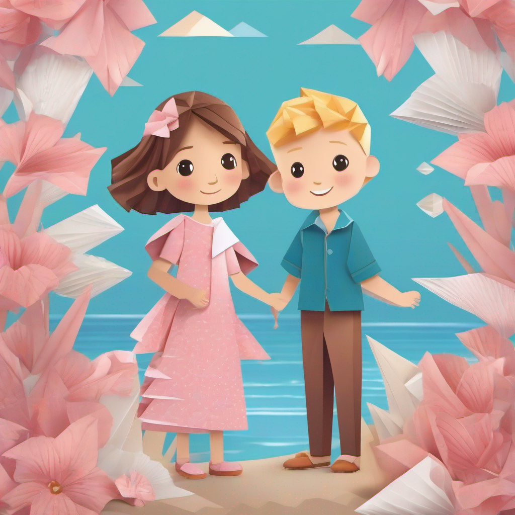 Lily, a girl with brown hair and a pink dress. and Max, a boy with blond hair and a blue shirt. holding a seashell near the ocean.