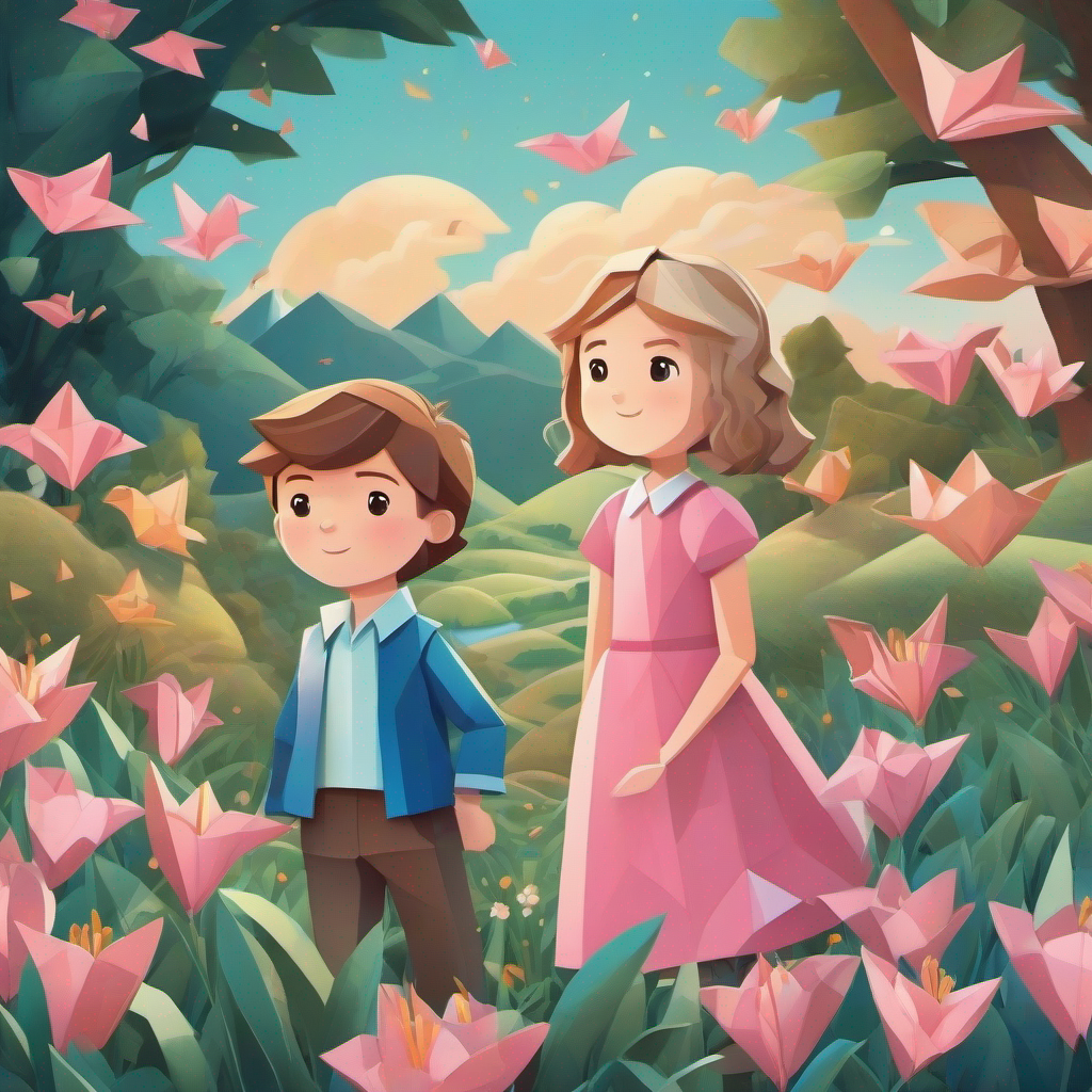 Lily, a girl with brown hair and a pink dress. and Max, a boy with blond hair and a blue shirt. surrounded by nature, listening and looking with appreciation.