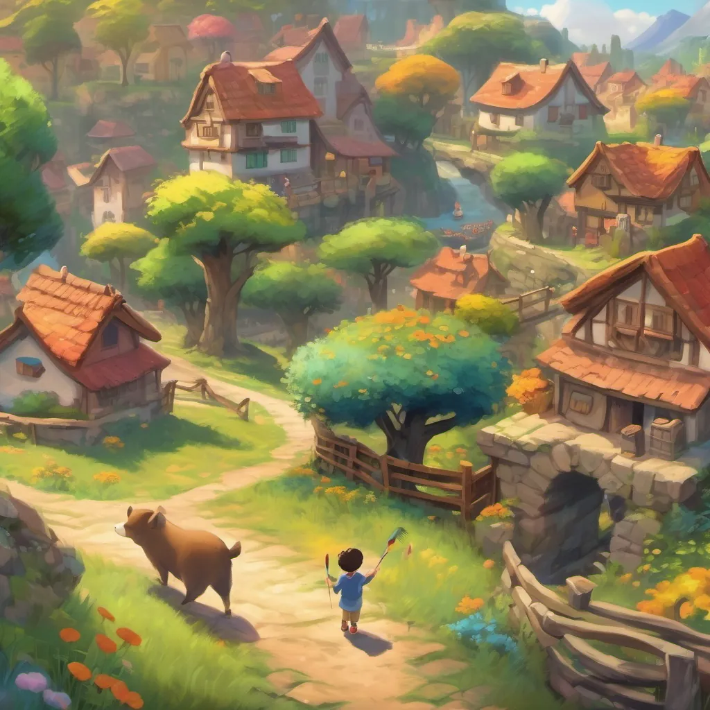 A cheerful village with animals and a young boy holding colorful paintbrushes.