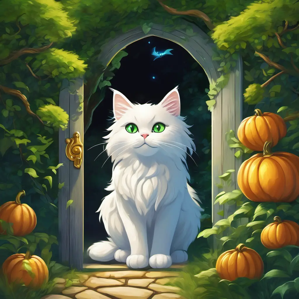 Small cat with white fur and bright green eyes; transforms into a handsome prince with golden hair and blue eyes, a small cat with white fur and bright green eyes, in a lush garden with a hidden oak tree door.