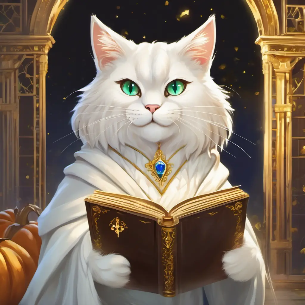 Small cat with white fur and bright green eyes; transforms into a handsome prince with golden hair and blue eyes, transformed into a handsome prince with golden hair and blue eyes, finding a spell book in a majestic castle.