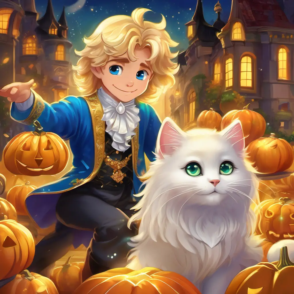 Small cat with white fur and bright green eyes; transforms into a handsome prince with golden hair and blue eyes, now a prince, dancing with Beautiful girl with golden hair and sparkling blue eyes, a beautiful girl with golden hair and sparkling blue eyes at a grand ball in the castle.