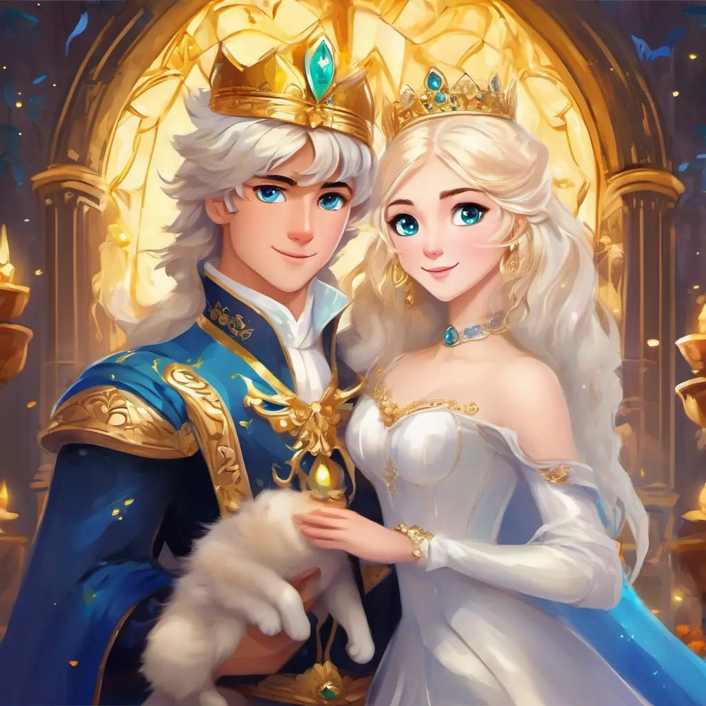 Small cat with white fur and bright green eyes; transforms into a handsome prince with golden hair and blue eyes and Beautiful girl with golden hair and sparkling blue eyes, as a prince and princess, ruling the magical kingdom with love and compassion, surrounded by happy people.