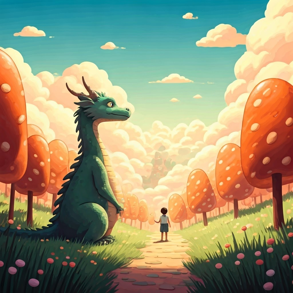 a friendly dragon in a land filled with gumdrop trees and marshmallow clouds
