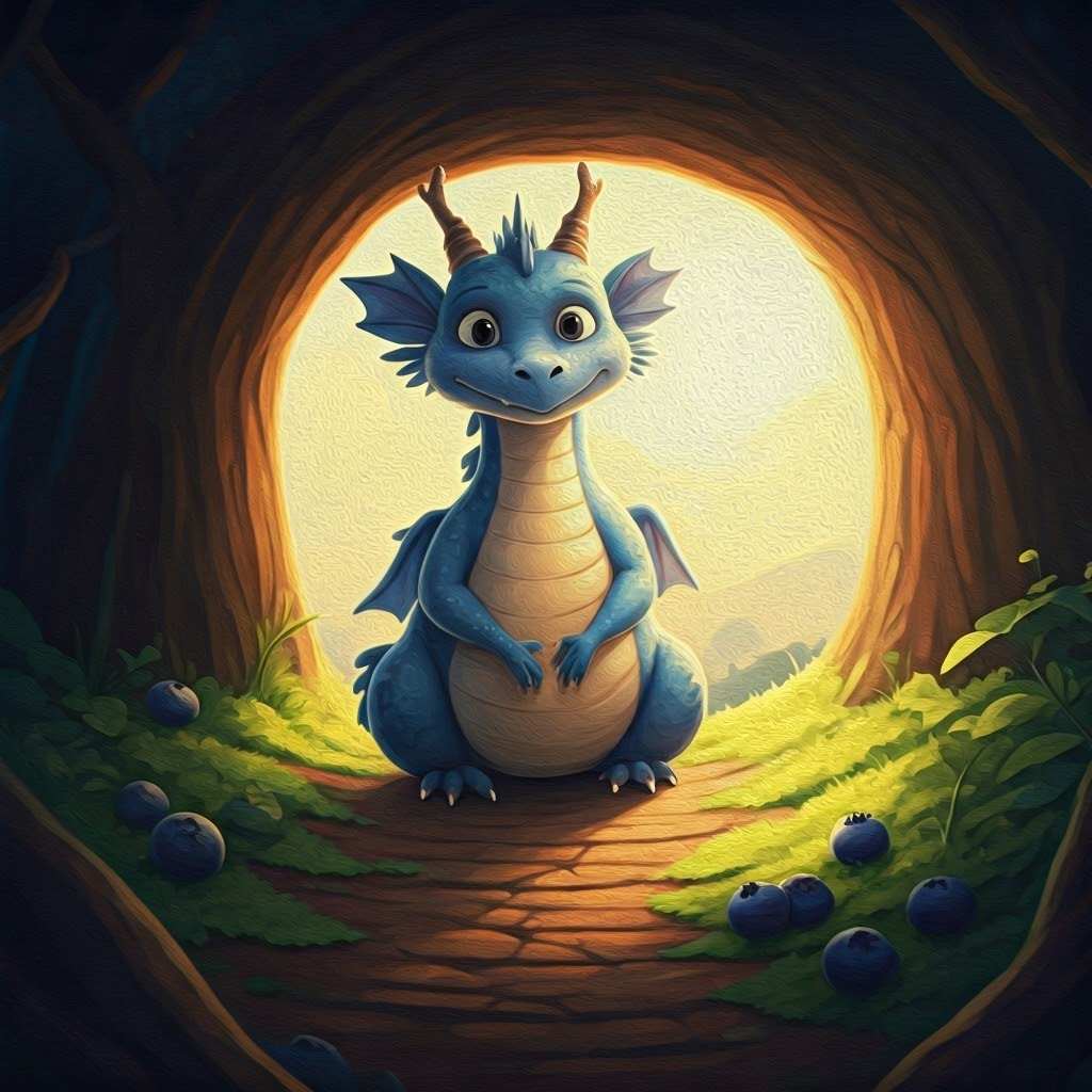 a friendly dragon with blueberry-colored scales and a heart full of sunshine