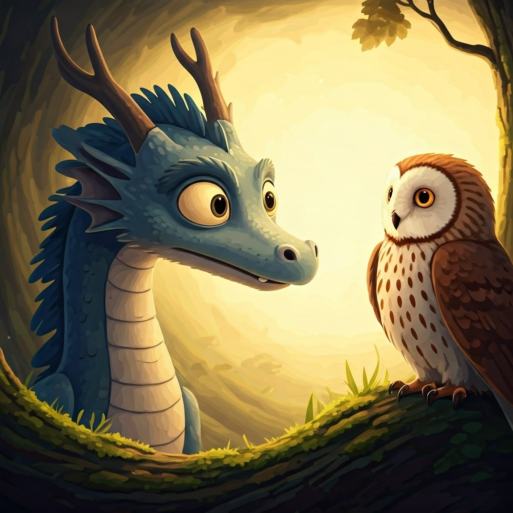 a surprised dragon with wide eyes looking at an owl