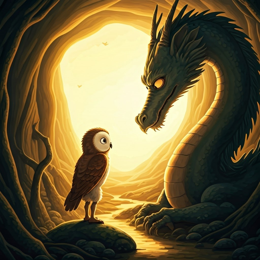 a smiling owl looking at a dragon