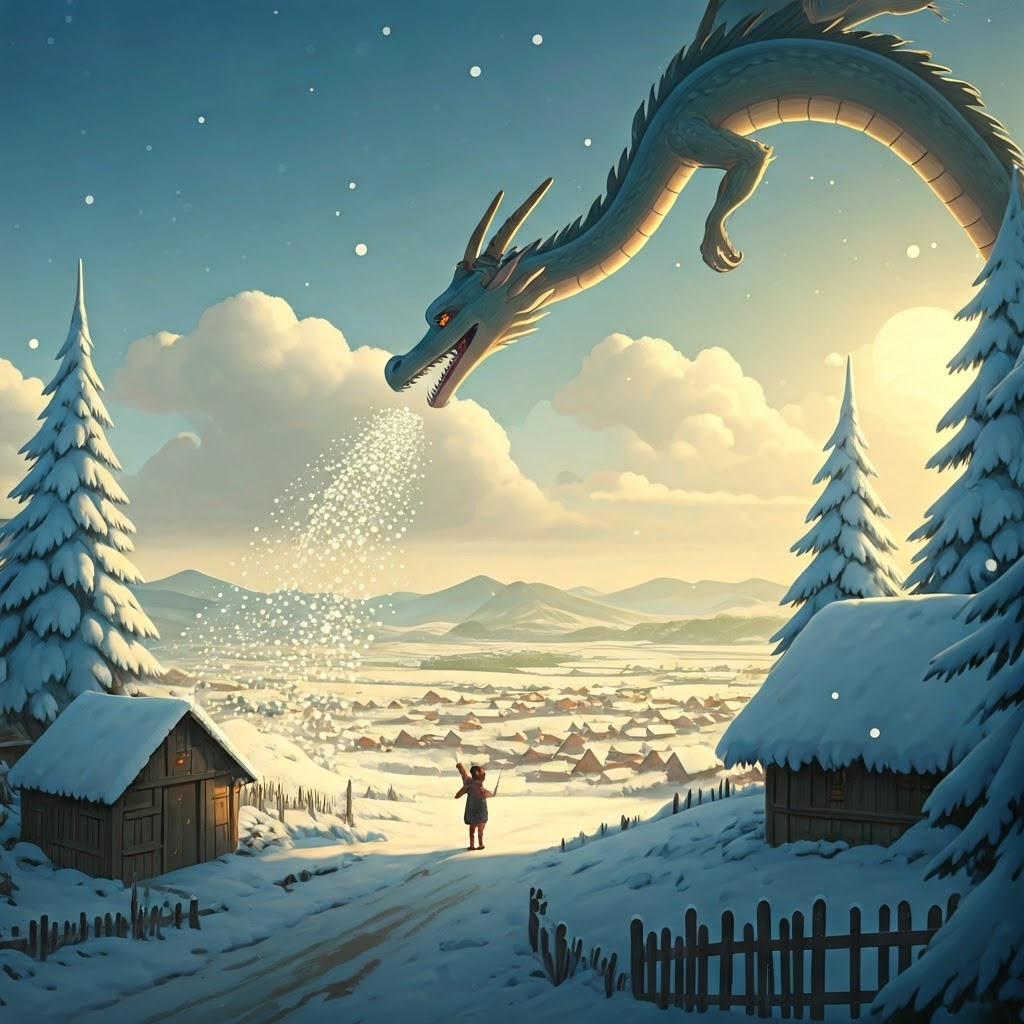 a dragon flying over a village and showering it with snow
