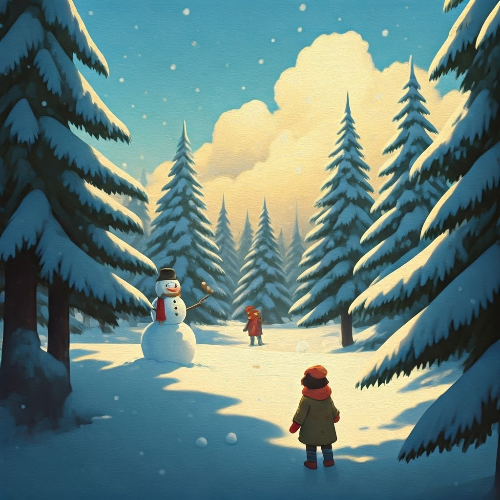 children playing with snow, building snowmen, and having snowball fights