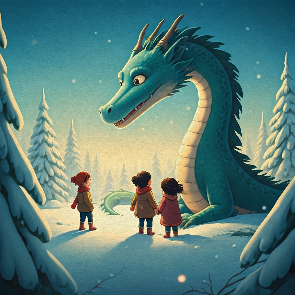 a happy dragon surrounded by happy children playing in the snow