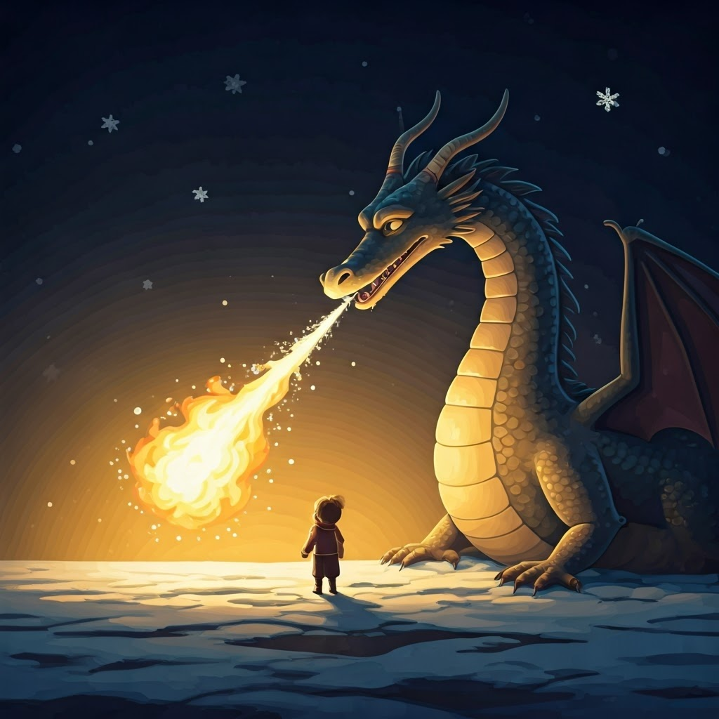 a dragon trying to breathe fire but only blowing out snowflakes