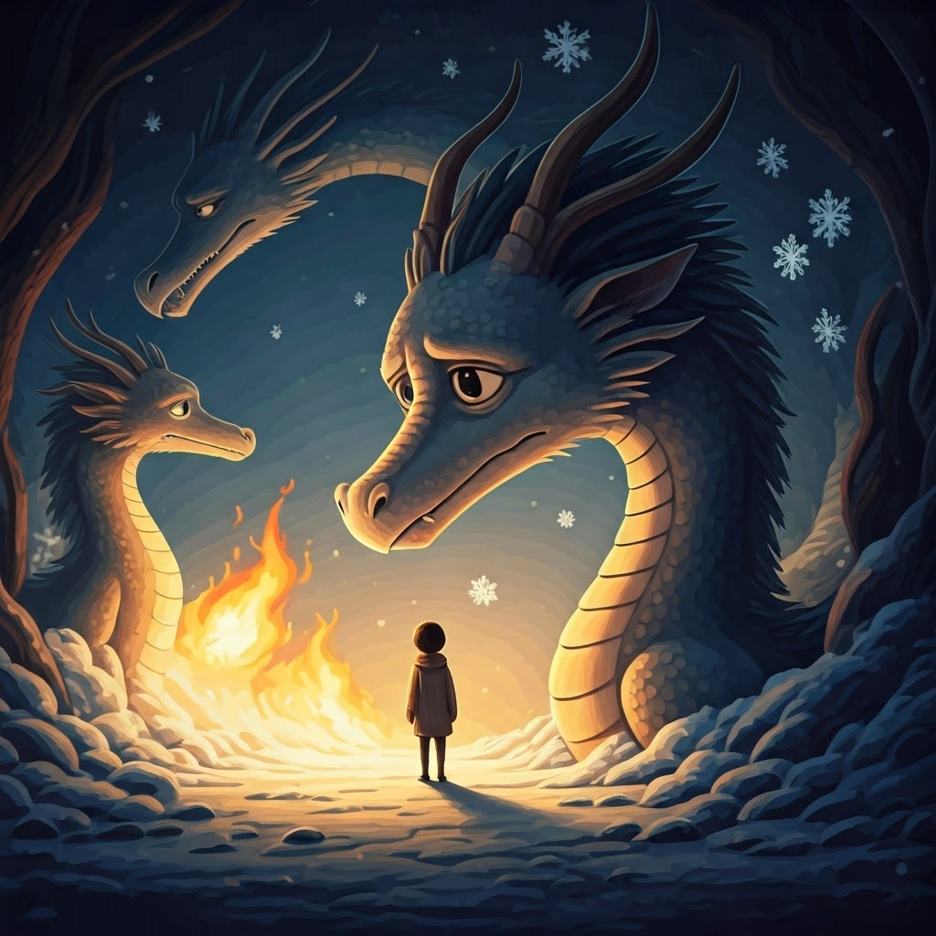 a sad dragon surrounded by snowflakes, looking at other dragons breathing fire