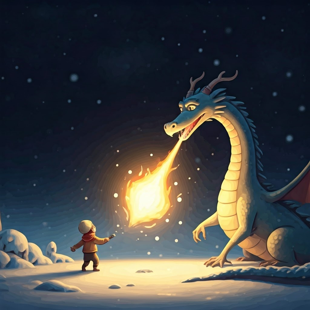 a determined dragon practicing breathing fire but only making snowflakes