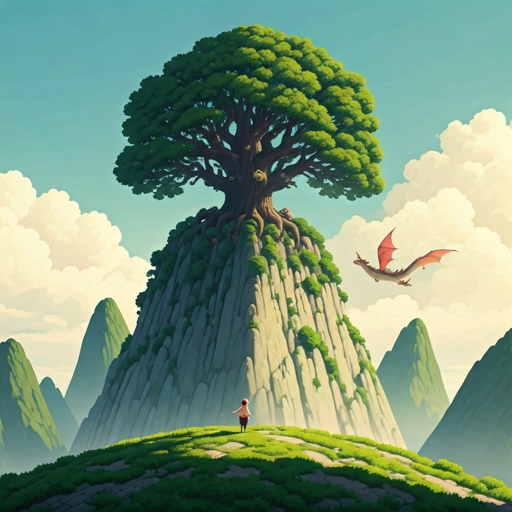 a dragon flying towards a giant oak tree on top of a mountain