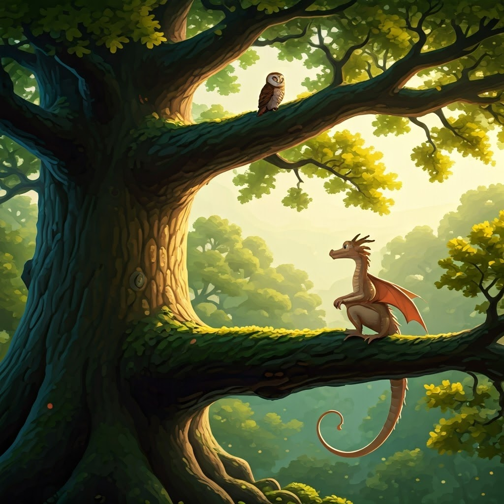 a dragon talking to an owl perched on a branch of a giant oak tree