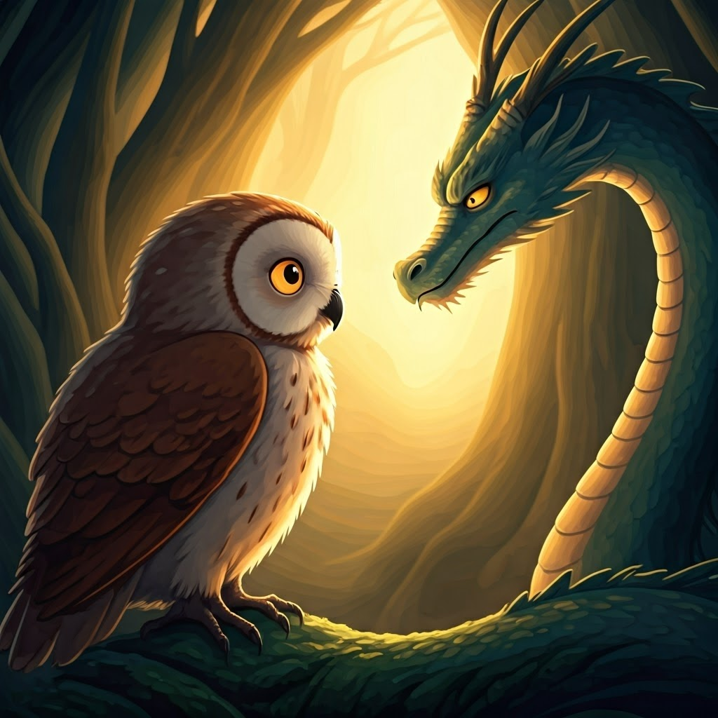 a wise owl with glowing eyes looking at a dragon
