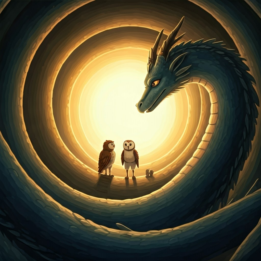 an owl explaining something to a dragon