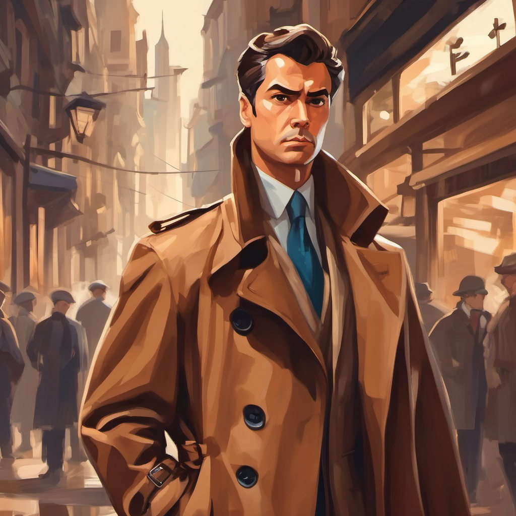 brown trench coat, determined expression wearing a brown trench coat