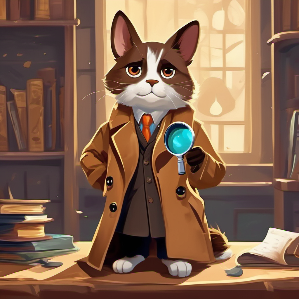 brown trench coat, determined expression with a magnifying glass examining paw prints