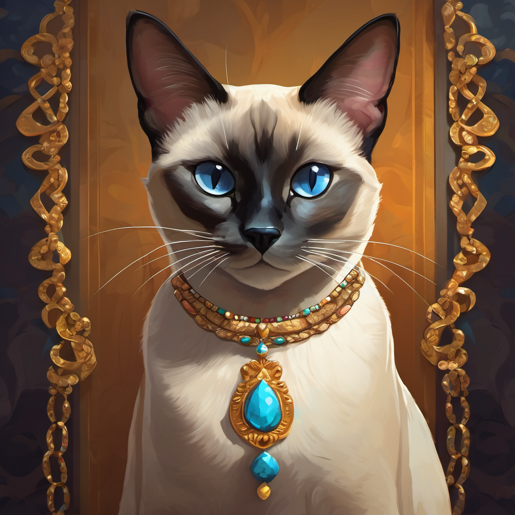 Siamese cat with a sly grin with a sly grin and a mysterious necklace