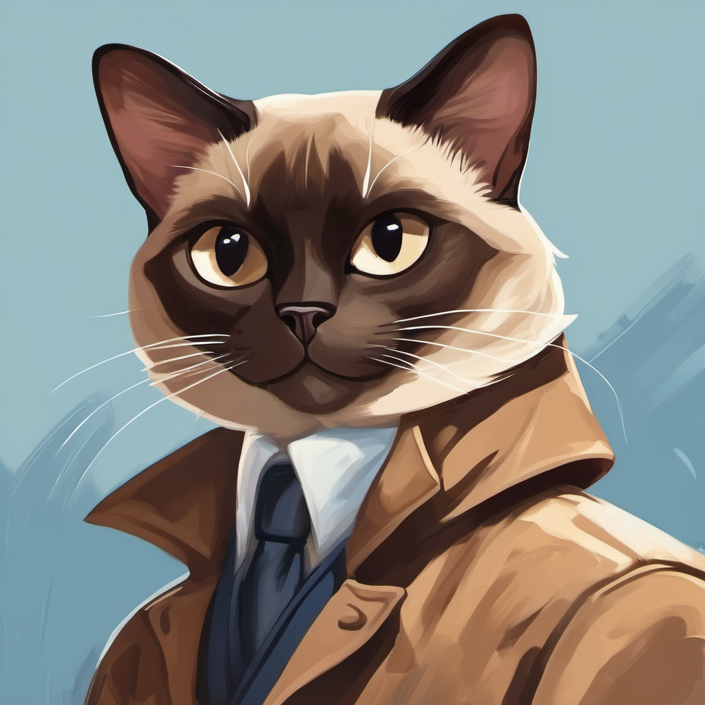 brown trench coat, determined expression questioning Siamese cat with a sly grin with determination