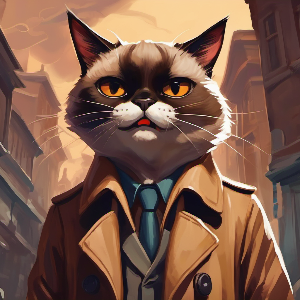 brown trench coat, determined expression shouting at Siamese cat with a sly grin with anger