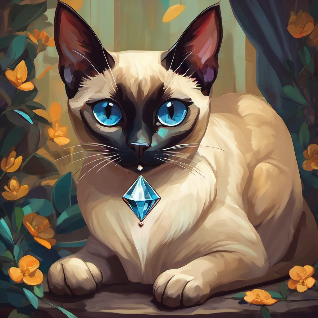 Siamese cat with a sly grin feeling remorseful, holding the stolen diamond
