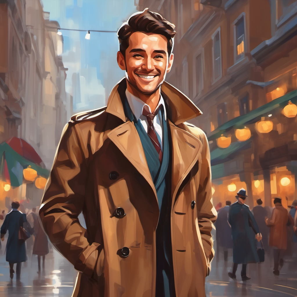 brown trench coat, determined expression celebrating with a triumphant smile